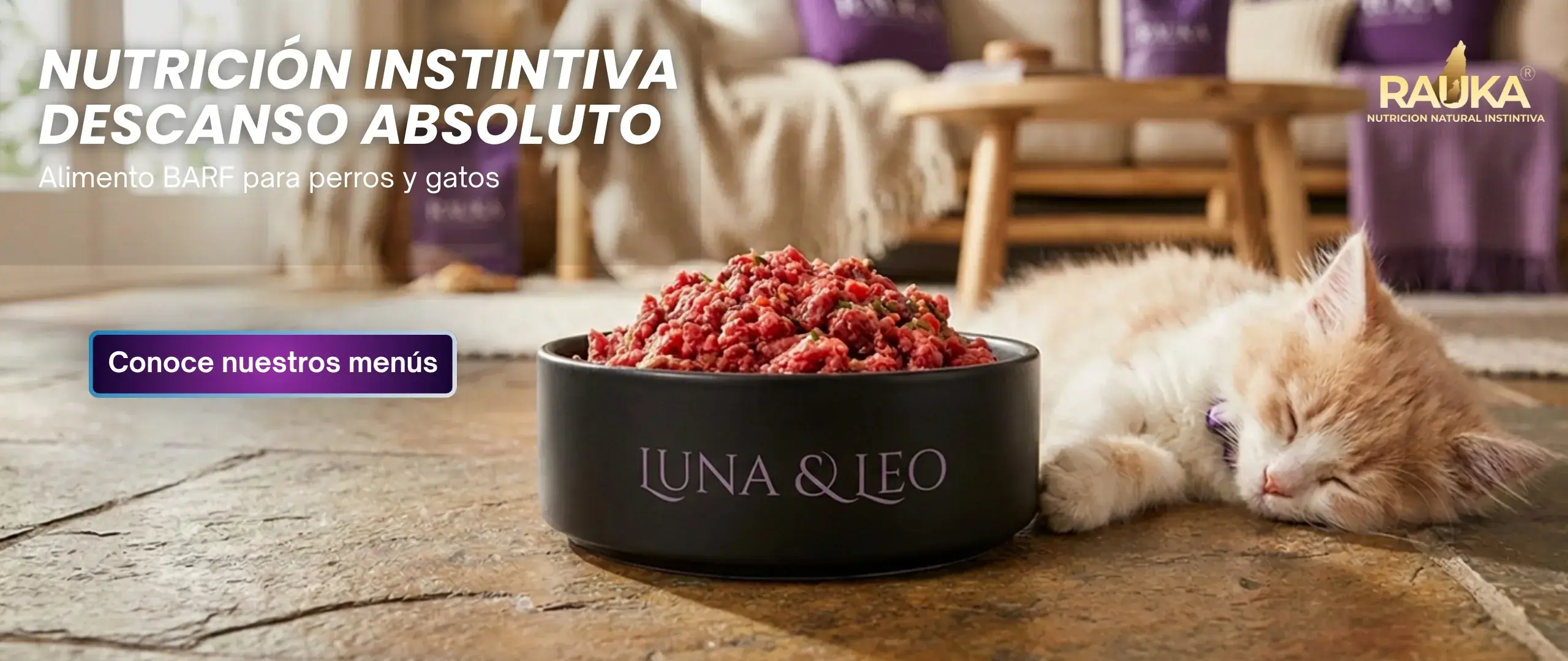 Plato de comida BARF fresca de carne para felinos y gatos RAUKA.