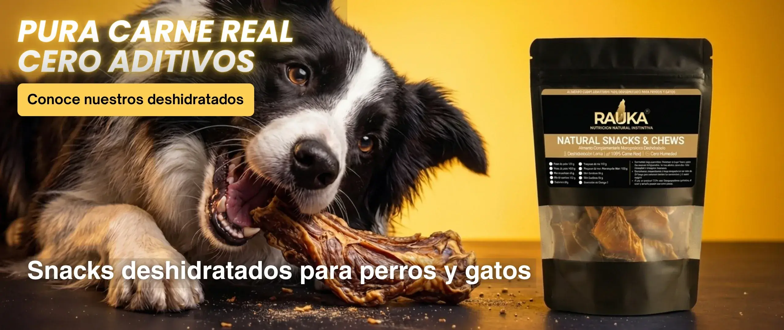 Snack deshidratado 100% carne real sin aditivos para perros y gatos RAUKA.