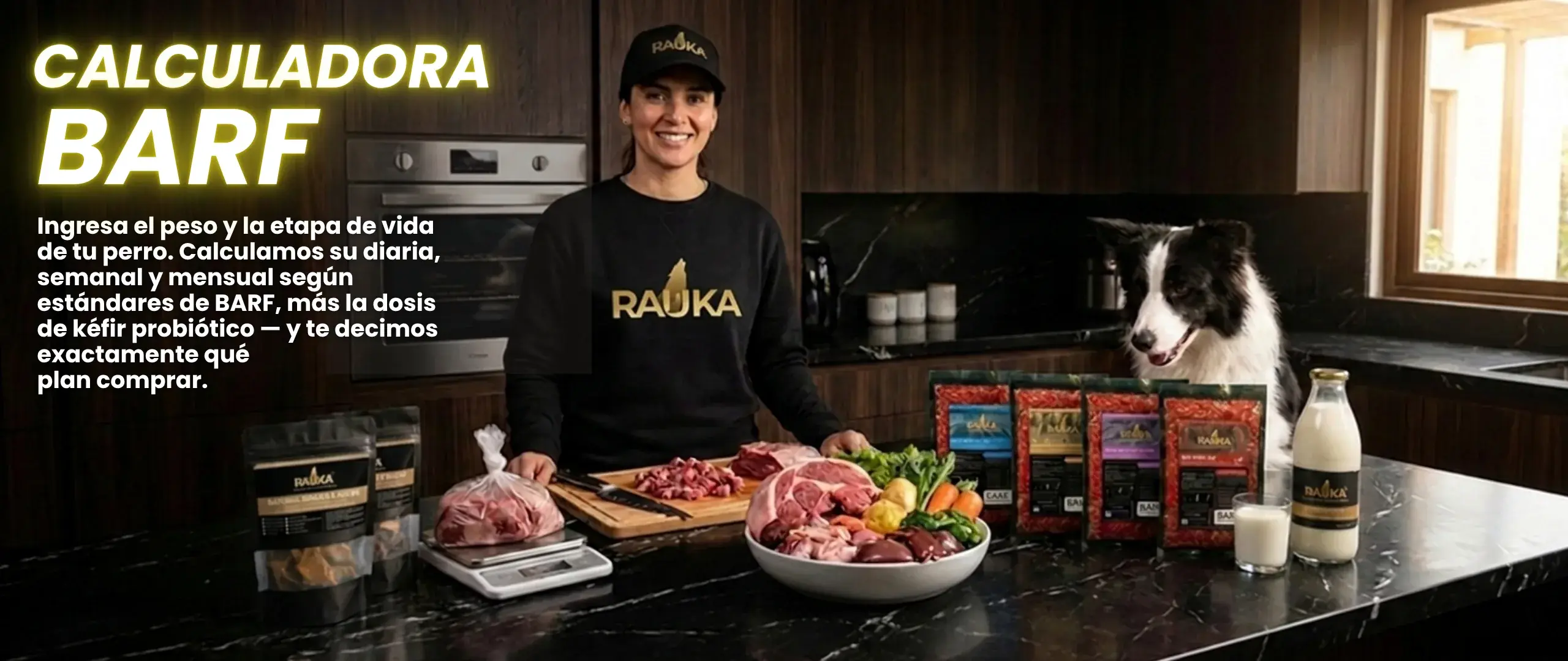 Calculadora BARF RAUKA — ingresa el peso y la etapa de vida de tu perro y te decimos exactamente qué plan comprar